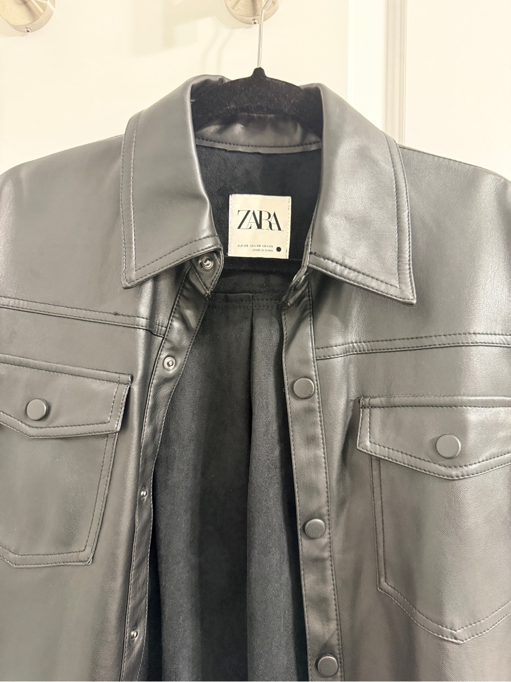 ZARA Womens Black Faux Leather Shirt Jacket